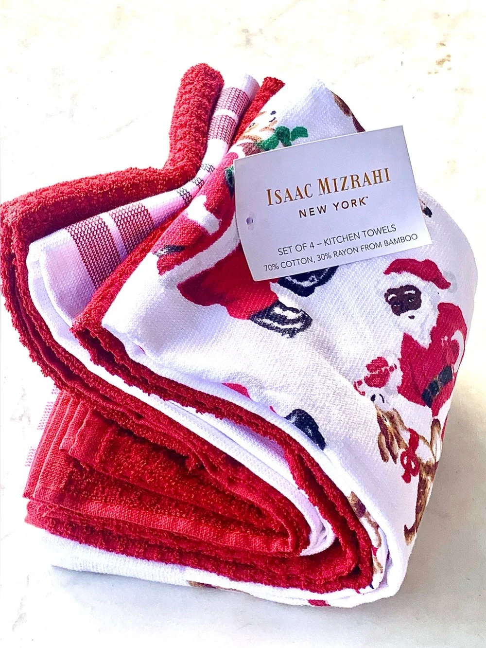 ISAAC MIZRAHI NEW YORK SANTA Red & White Holiday Kitchen Towel Set OF 4   NEW